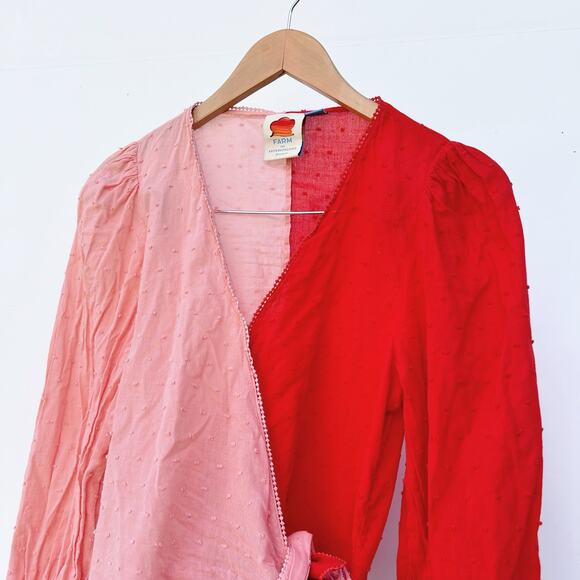Farm Rio Red Pink Colorblock Wrap Long Sleeve Top Blouse Small Tie Front - Picture 3 of 10